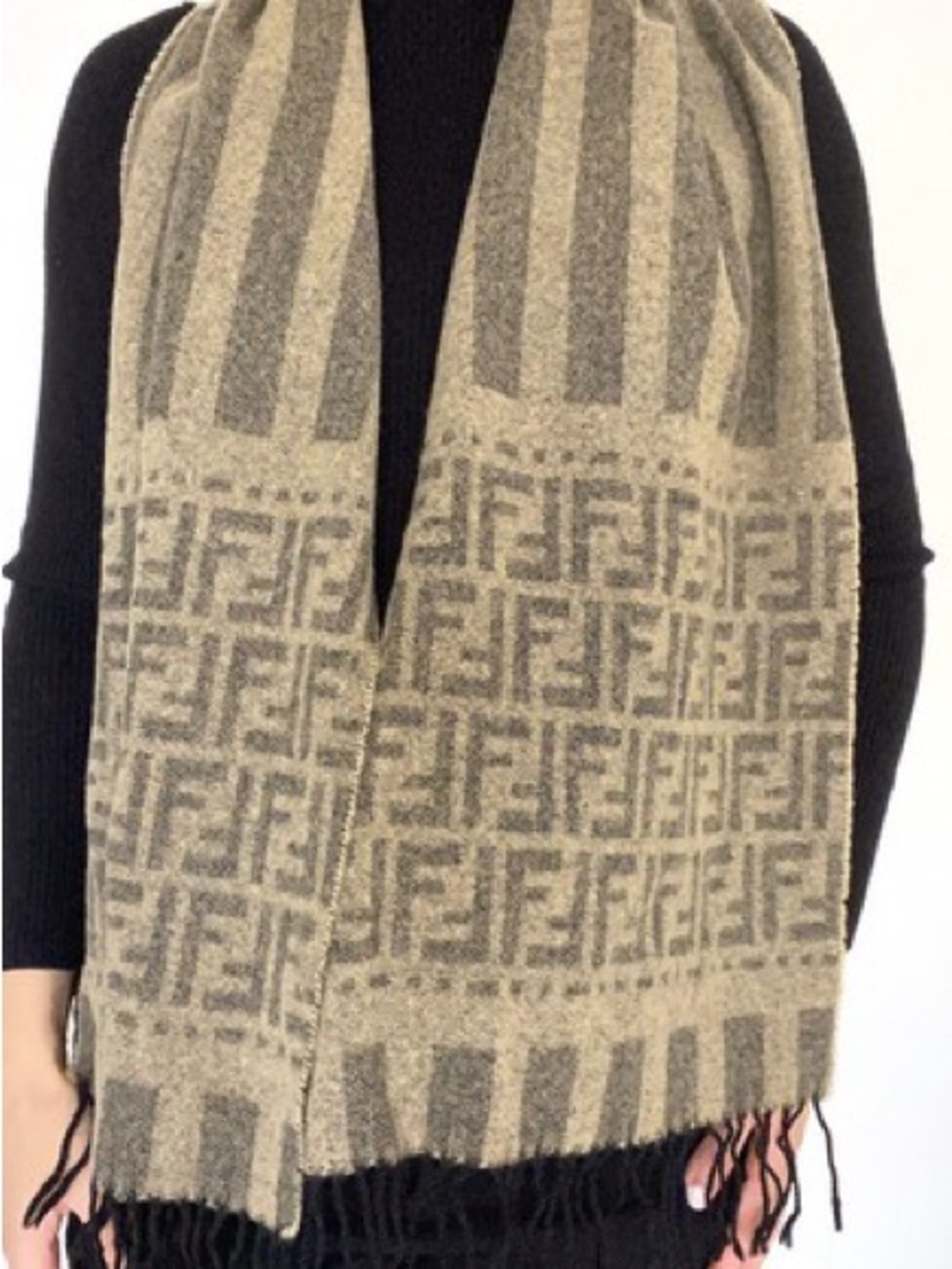 Fendi‎ Beige and Gray Signature Monogram Lambswool Scarf - Picture 2 of 14